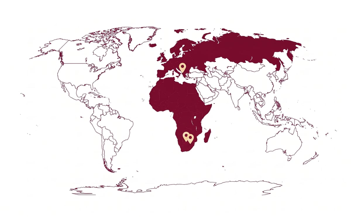 World map showing selected countries highlighted in dark red, including Russia, Africa, and parts of southern South America, against an outline map.